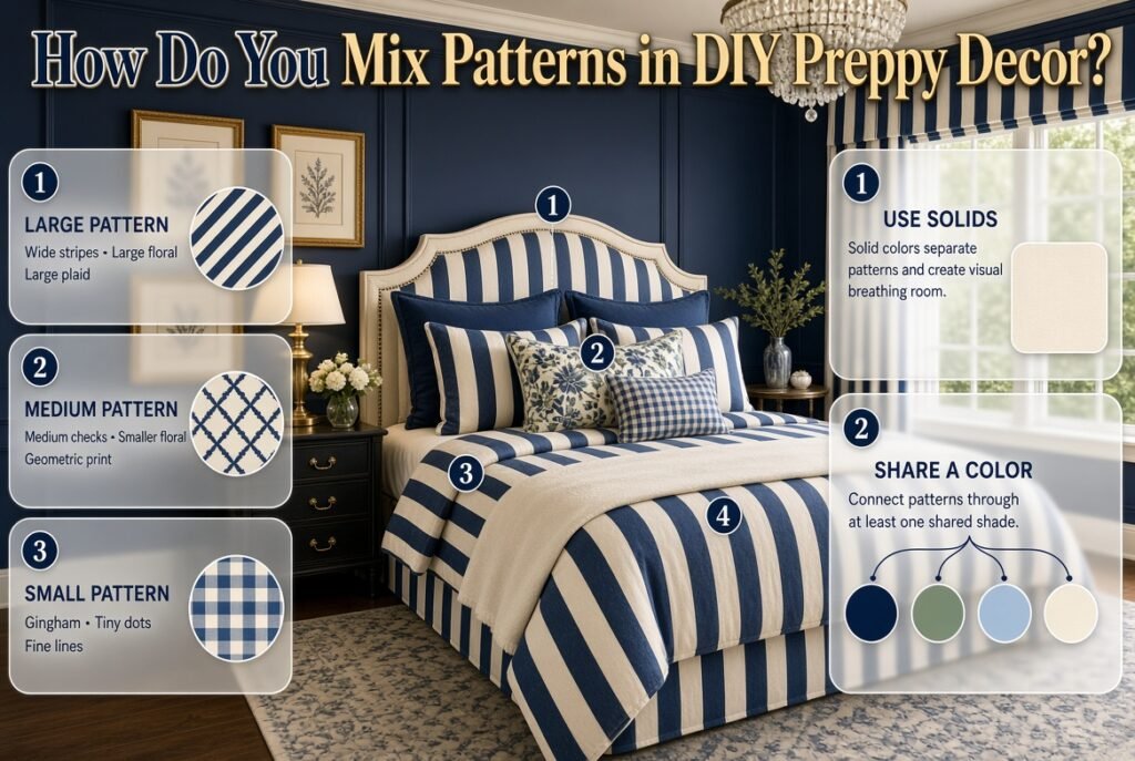 Preppy room pattern mixing with striped bedding, floral cushions, gingham accents, and solid cream decor