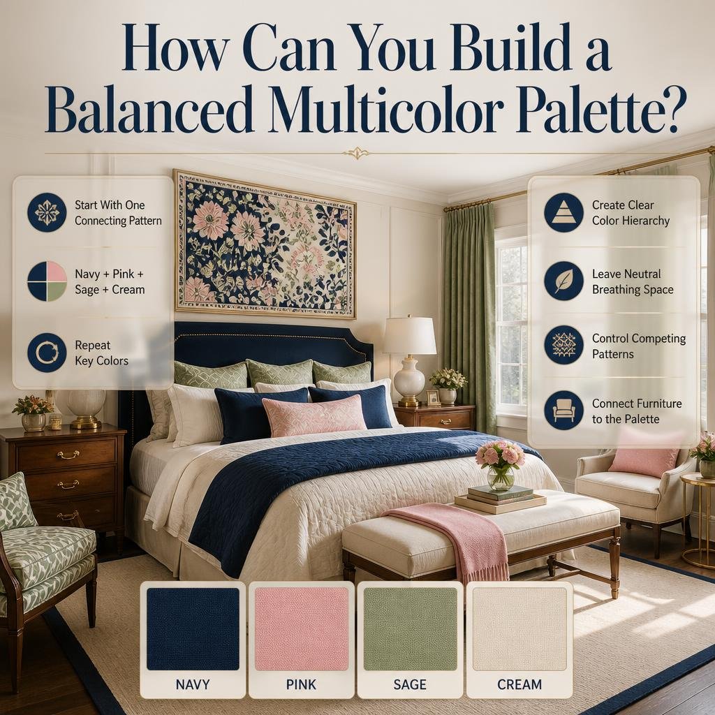 Balanced multicolor preppy palette using navy, pink, sage, cream, neutral furniture, patterns, and repeated accent colors