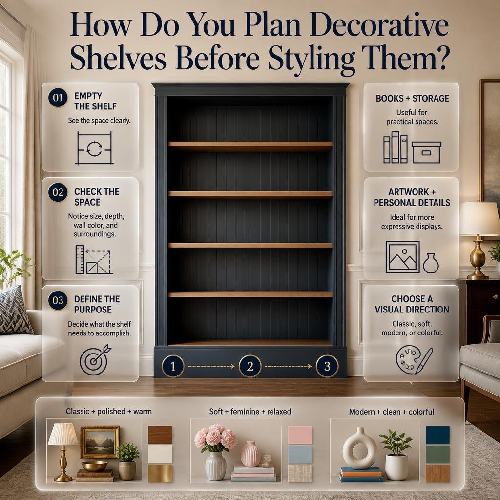 Planning decorative shelves by clearing the space, defining its purpose, and choosing a cohesive visual direction before styling.