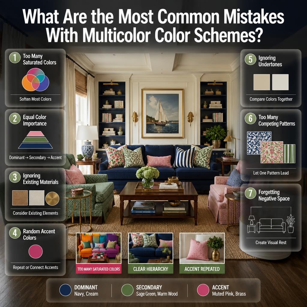 Interior infographic showing common multicolor color scheme mistakes, including excessive saturation, competing patterns, undertones, and poor balance.