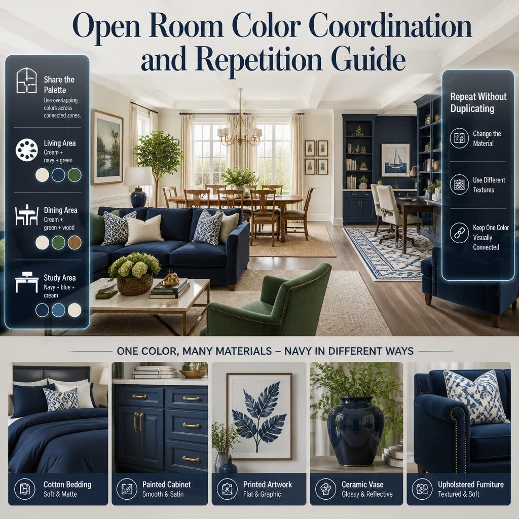 Open-plan multicolor room using shared cream, navy, green, and blue shades across living, dining, and study areas