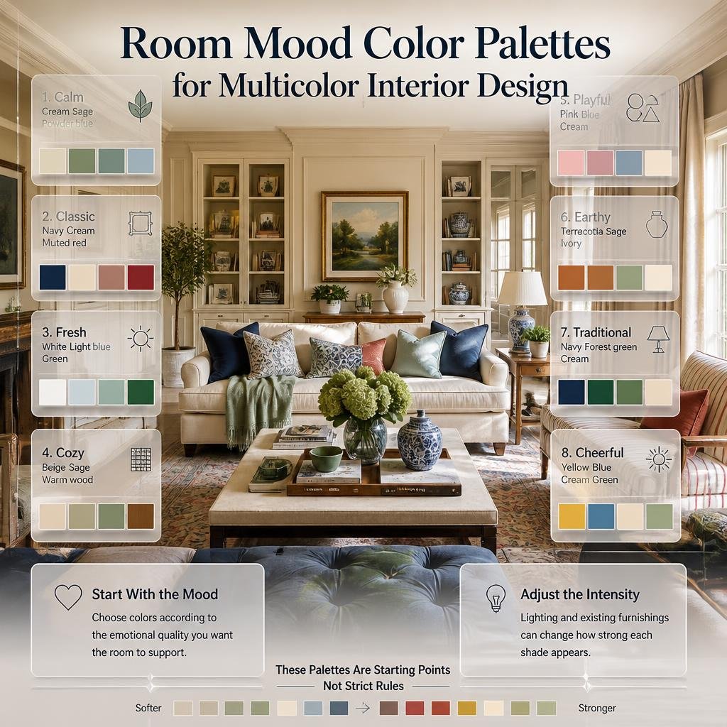 Room mood color palettes showing calm, classic, fresh, cozy, playful, earthy, traditional, and cheerful interior combinations
