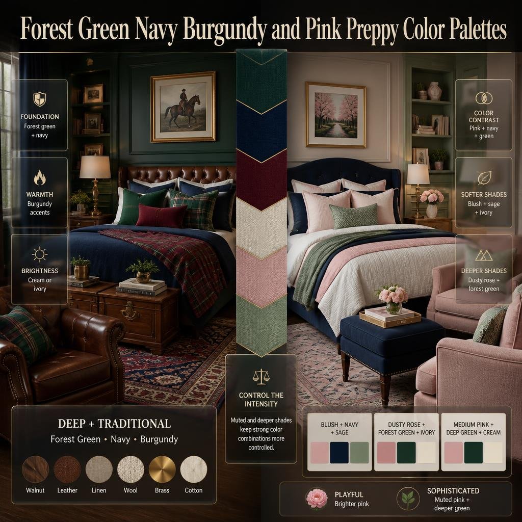 Forest green, navy, burgundy, pink, sage, and ivory preppy palettes with classic furniture, layered textiles, and patterns