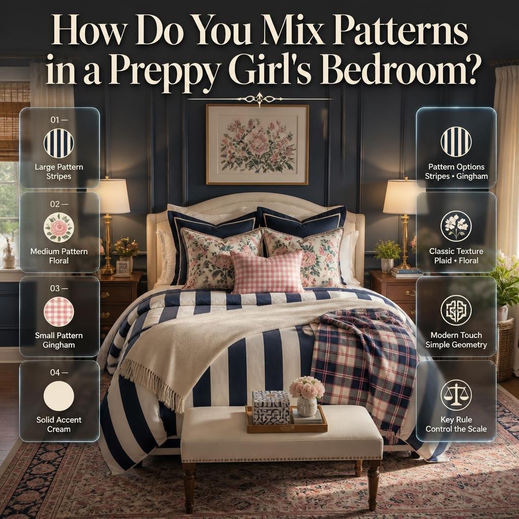Preppy girl's bedroom showing stripes, florals, gingham, plaid, and geometric patterns balanced with coordinated colors and solid textiles.