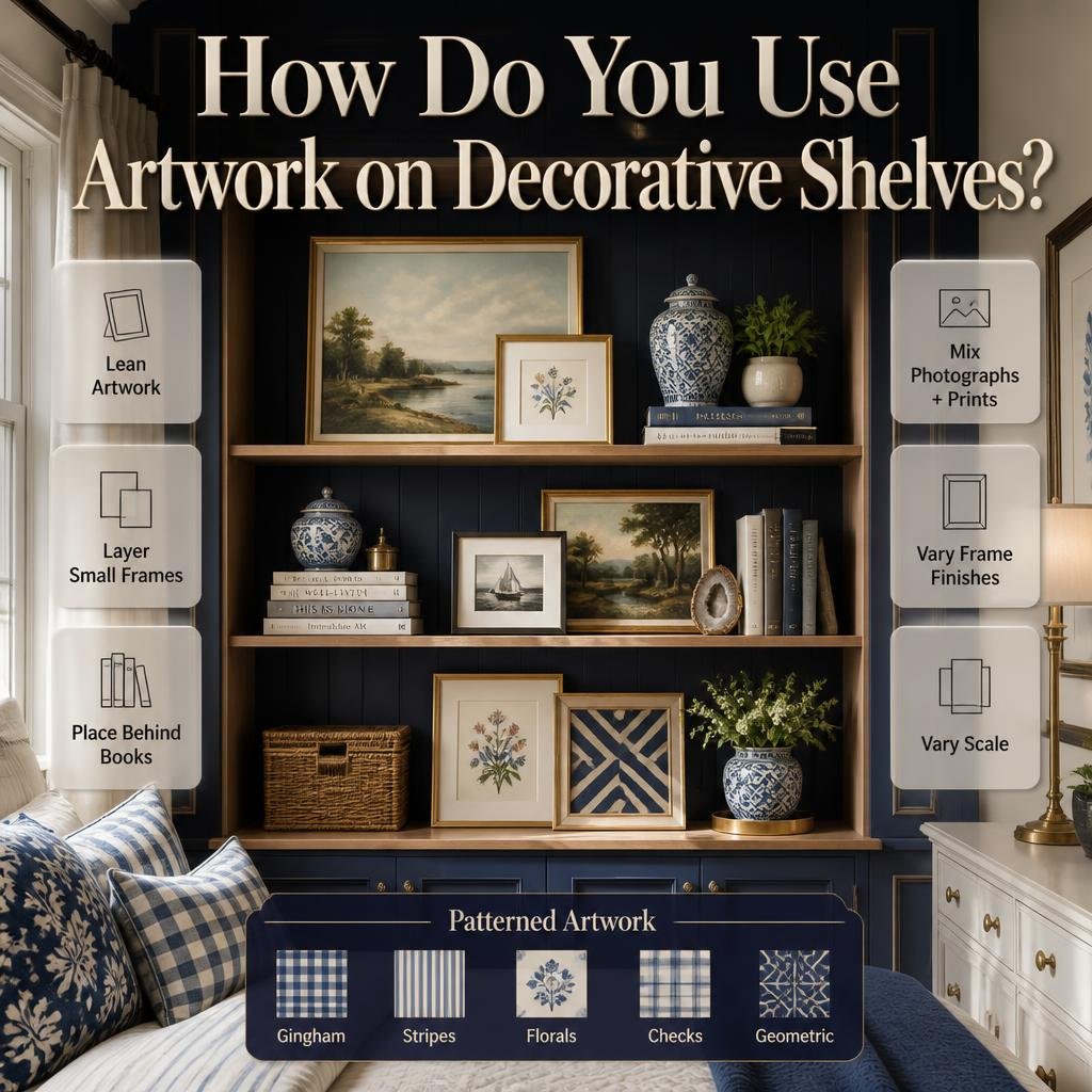 Decorative shelves styled with framed artwork, photographs, books, and patterned wall art in a coordinated preppy room