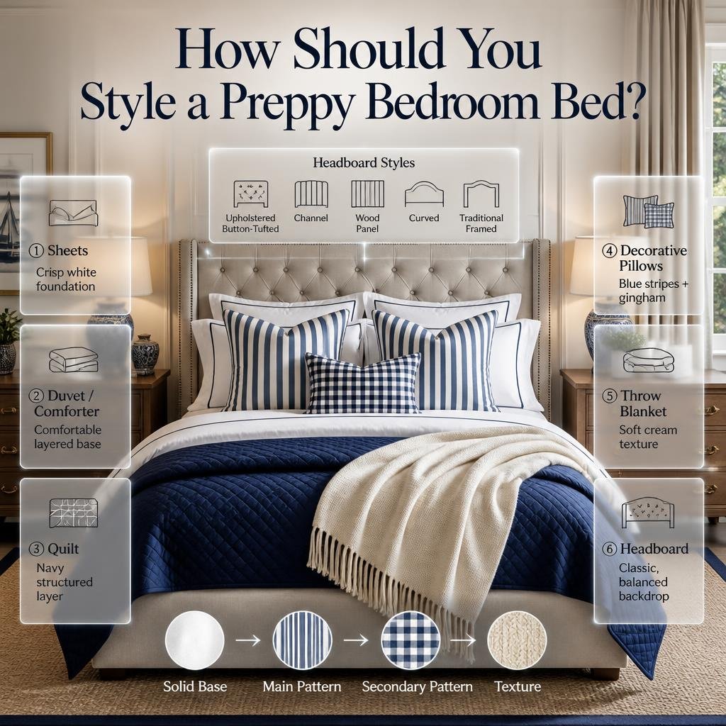 Preppy bedroom bed with layered white bedding, navy quilt, striped pillows, gingham accent pillow and classic headboard