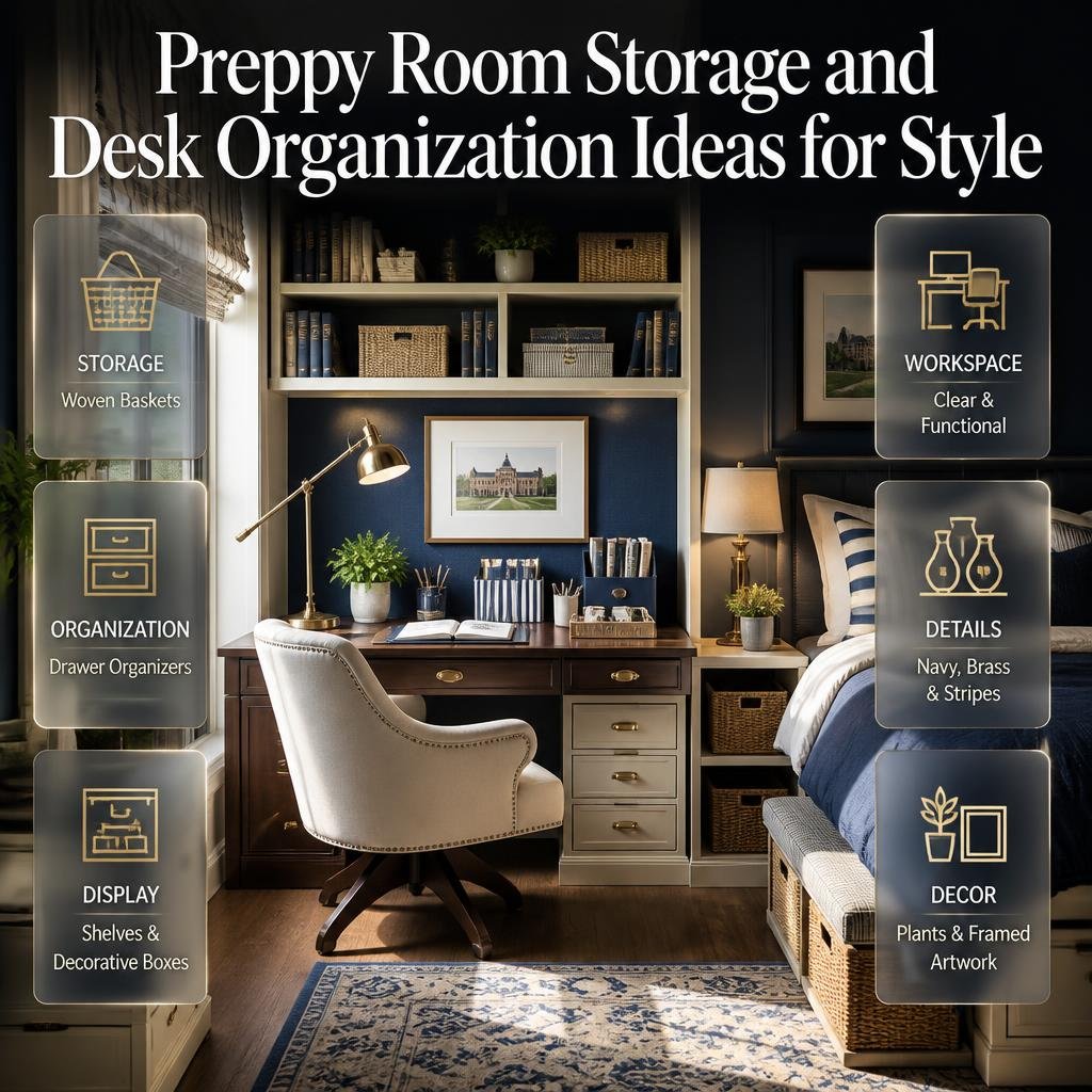 Preppy room storage and desk organization with woven baskets, navy accents, brass details, shelves, and a clean workspace.