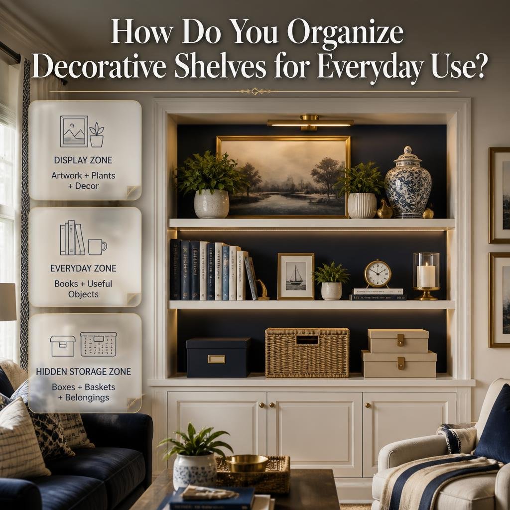 Decorative shelves organized into display, everyday, and hidden storage zones with artwork, plants, books, boxes, and baskets