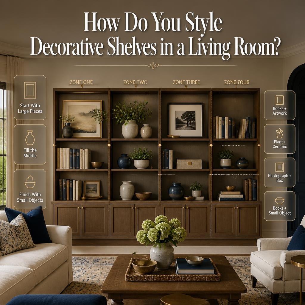 Living room decorative shelves styled with books, artwork, plants, ceramics, photographs, baskets, and balanced visual zones