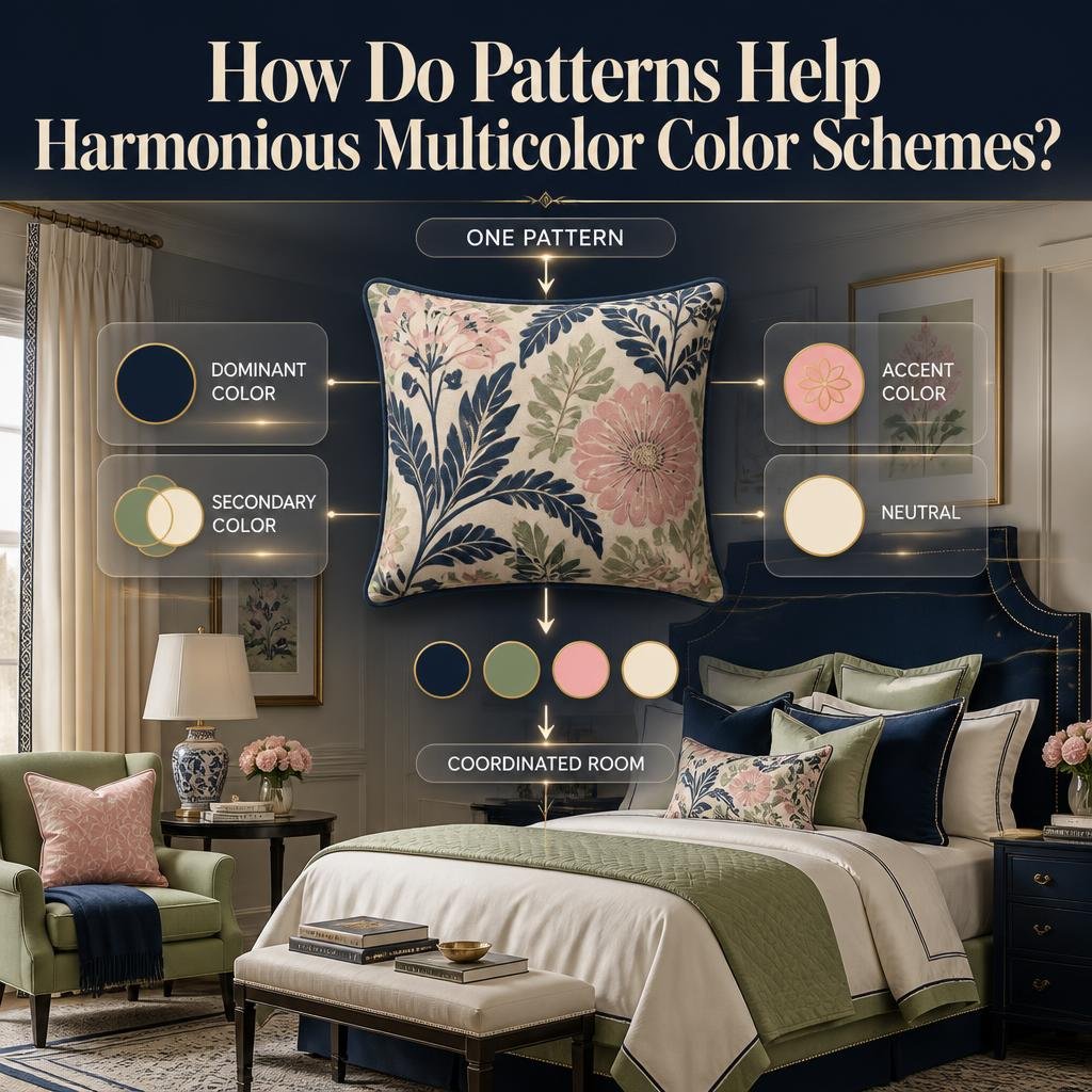 Multicolor preppy room showing how navy, cream, sage, and pink patterns create a harmonious coordinated color scheme.