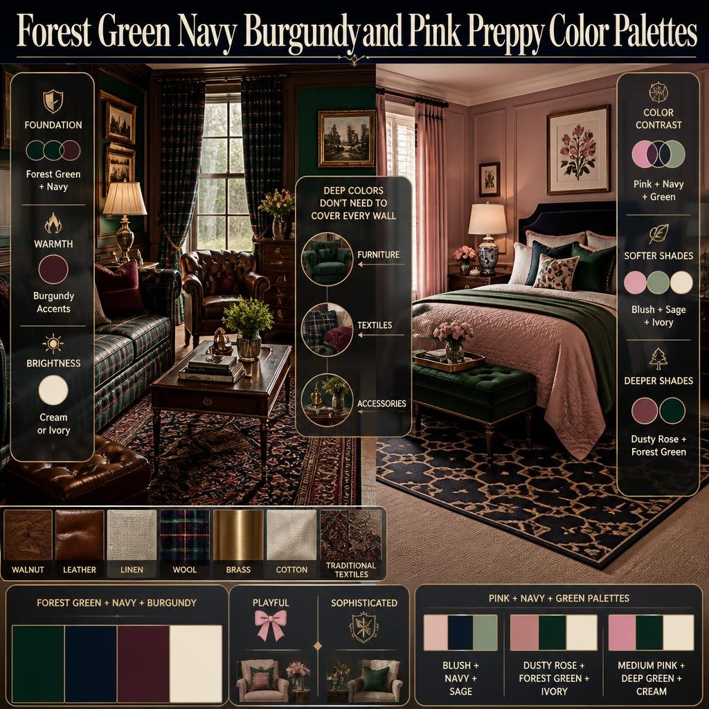 Forest green, navy, burgundy, pink, sage, and ivory preppy color palettes styled with classic furniture and textiles