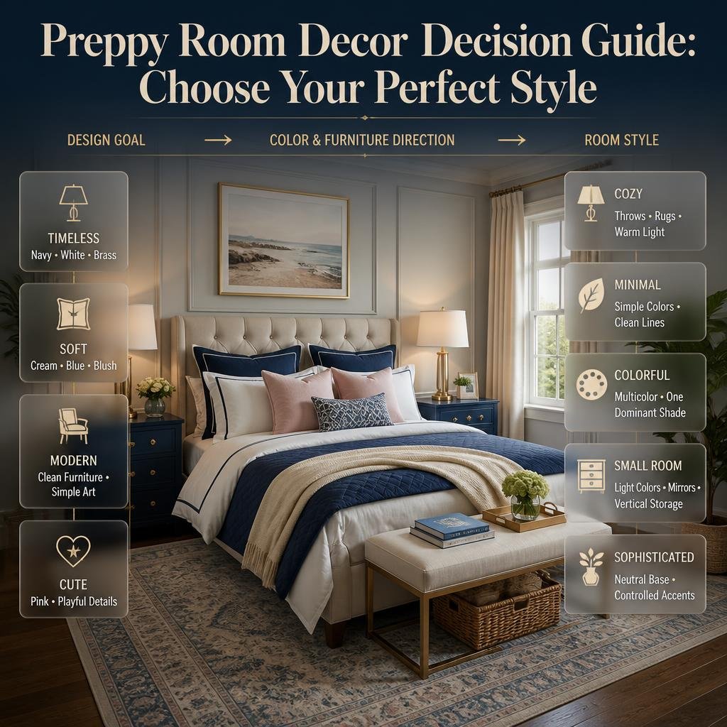 Preppy room decor decision guide comparing timeless, soft, modern, cute, cozy, minimal, colorful, small, and sophisticated styles.