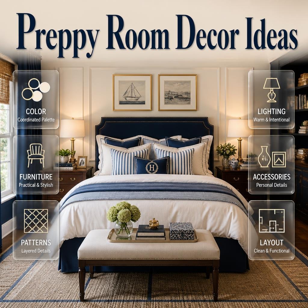 Stylish preppy bedroom featuring coordinated navy, cream, white, soft blue, patterns, furniture, lighting, and decor.