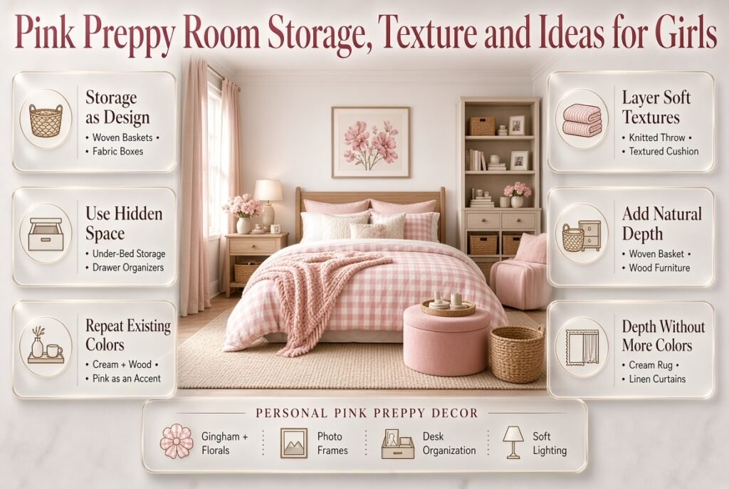 Pink preppy bedroom with woven storage, layered textures, soft lighting, floral decor, gingham accents, and organized furniture