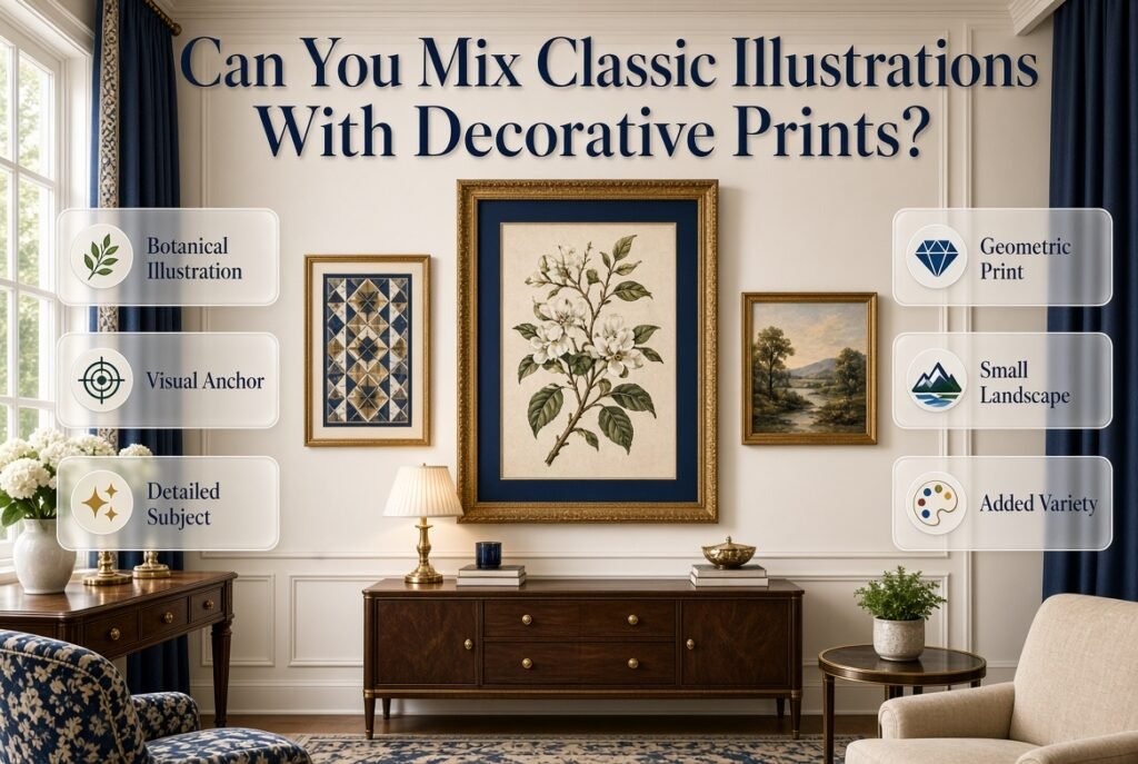 Classic botanical illustration combined with geometric decorative prints and a small landscape in a balanced preppy room