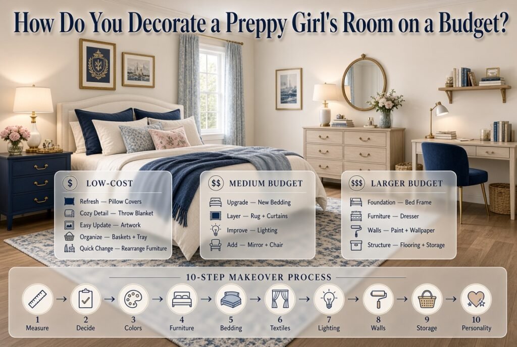 Preppy girl's room makeover showing budget decor upgrades, coordinated furniture, bedding, lighting, storage, and personalized finishing touches.
