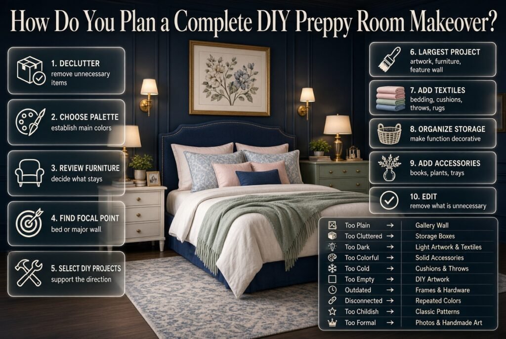 Complete DIY preppy room makeover with staged decorating steps, coordinated colors, textiles, storage, accessories, and final editing.