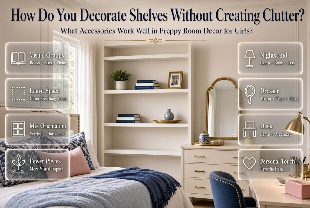 Preppy girl's bedroom shelves styled with books, plants, photo frames, trays, and decorative objects while maintaining a clean, balanced look.